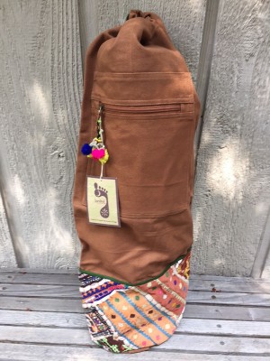 Cotton yoga mat bag with antique Indian fabric details 